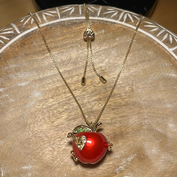 Betsey Johnson Gold Tone Back To School Red Apple Worm Locket Pendant Necklace - Picture 1 of 16